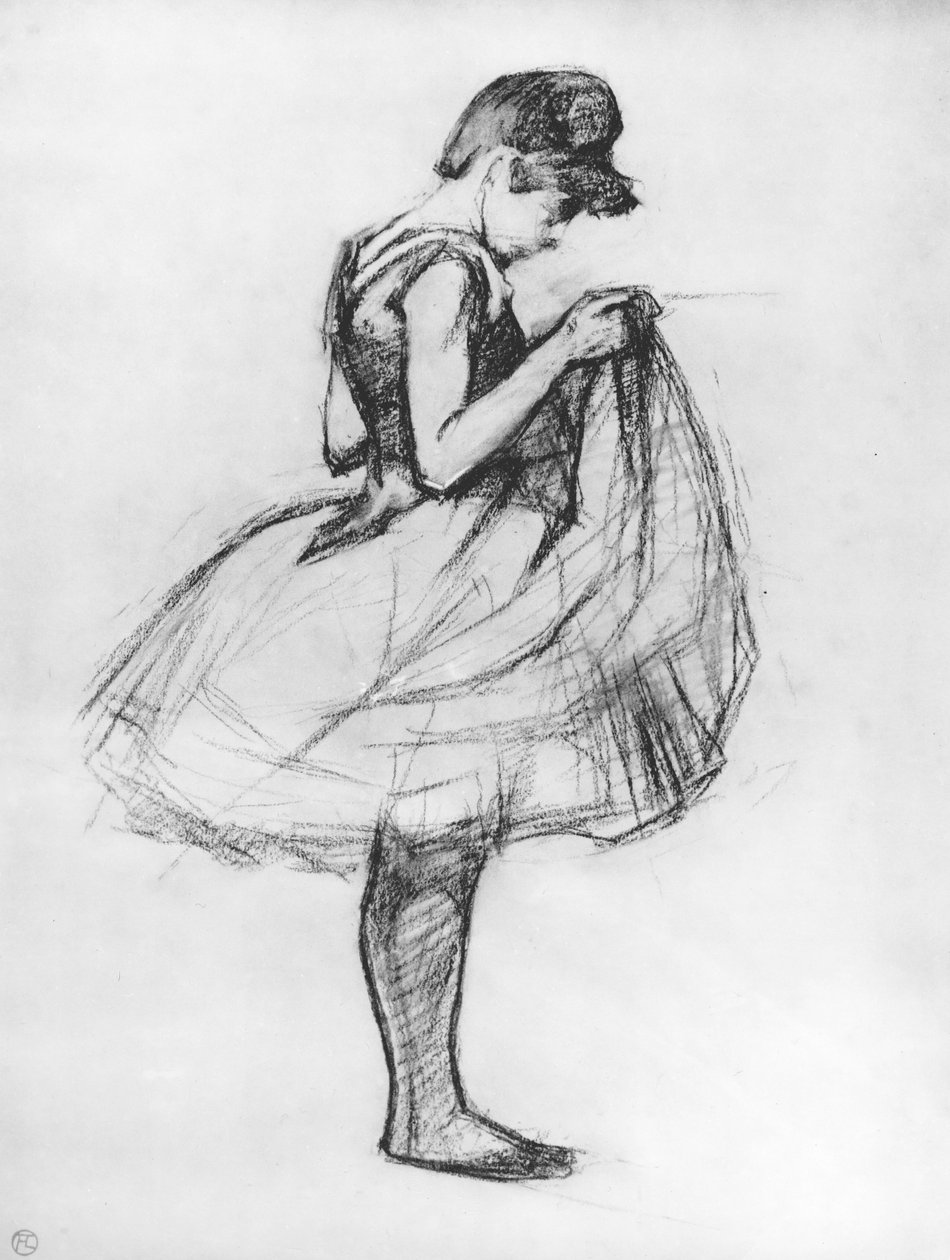 Tanssija säätelee pukuaan ja kiinnittää hameensa, 1889 (hiili paperilla) tekijältä Henri de Toulouse Lautrec