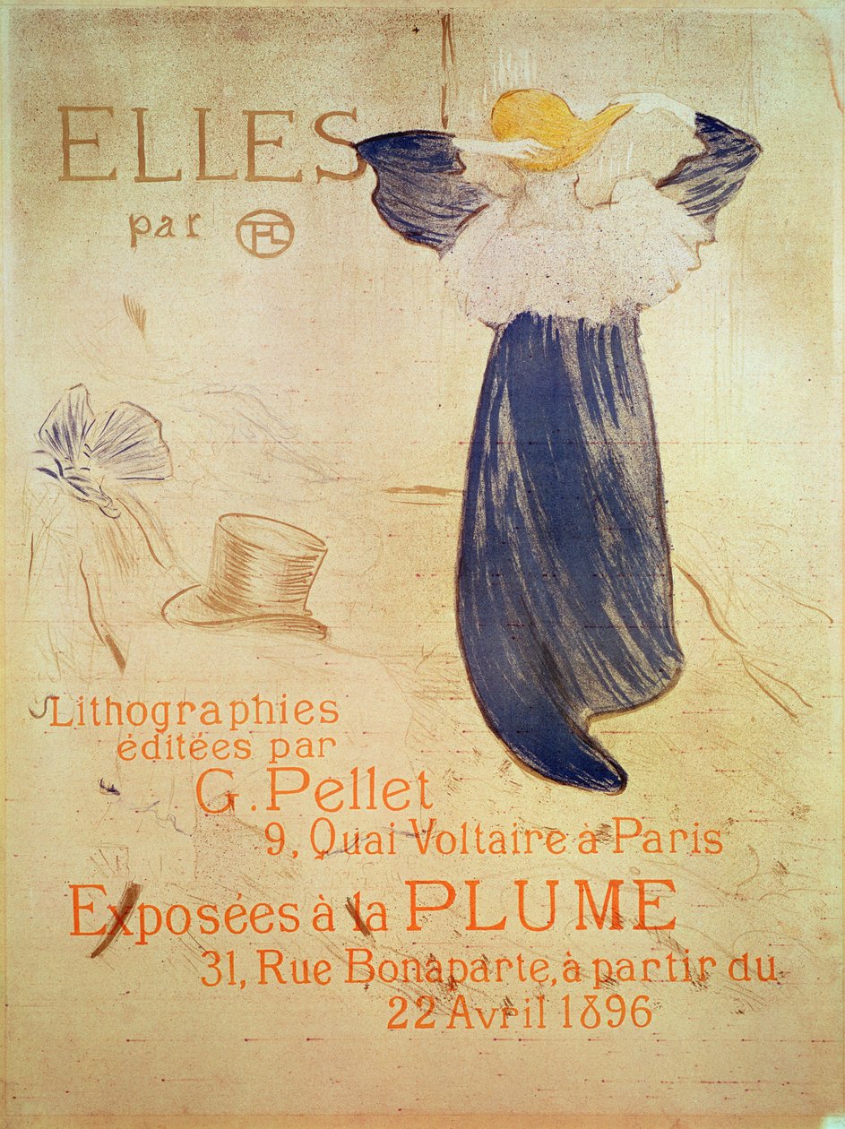 "Elles" -esityksenä vuoden 1896 näyttelyyn La Plume, 31 rue Bonaparte, Paris 22. huhtikuuta alkaen. Painokset G Pellet, 9 quai Voltaire, Paris, 1896 (Crayon, harja ja roiske litografia painettu fou tekijältä Henri de Toulouse Lautrec