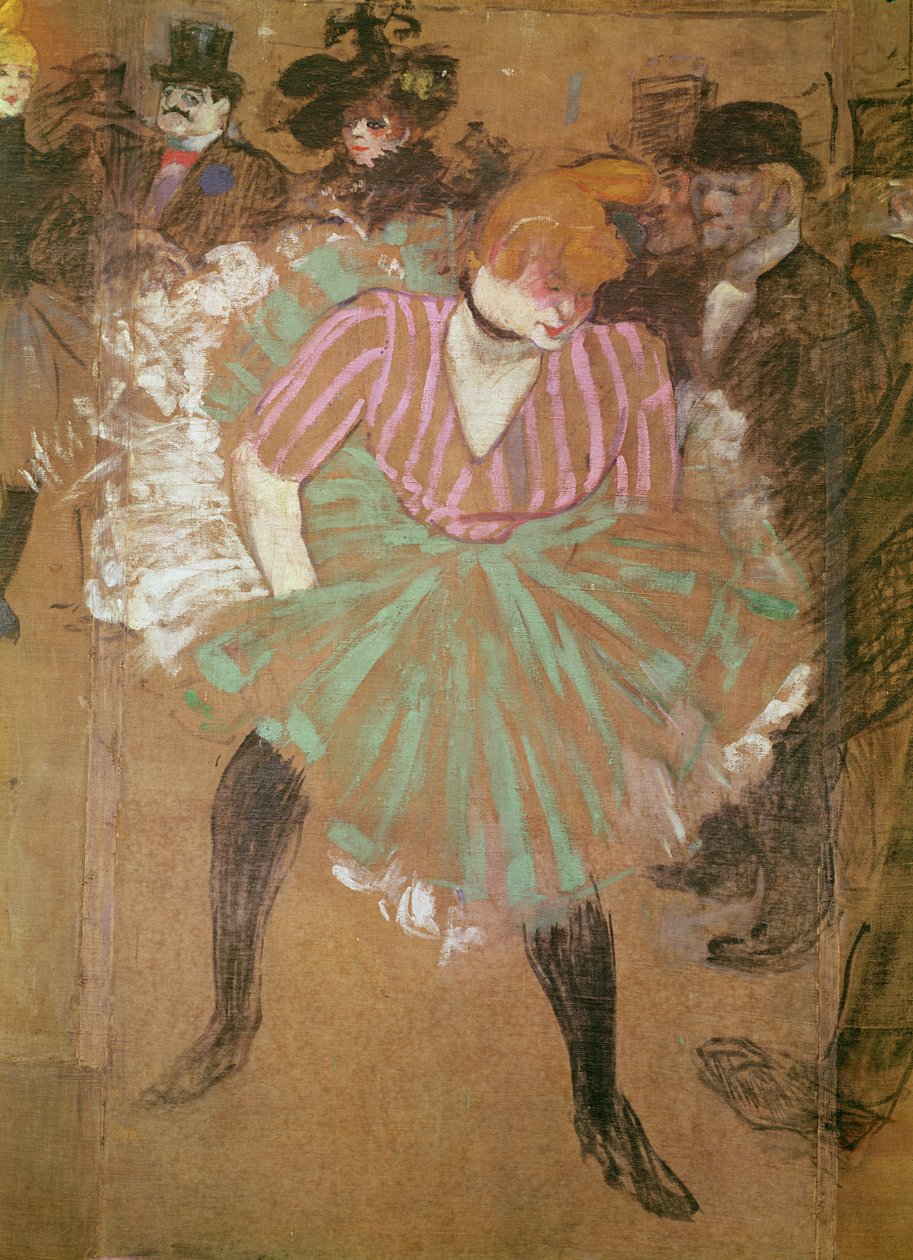 Goulue-majan kyltit Tréne-messuilla Pariisissa. Tanssi Moulin-Rougessa: la Goulue (Louise Weber), 1895 tekijältä Henri de Toulouse Lautrec