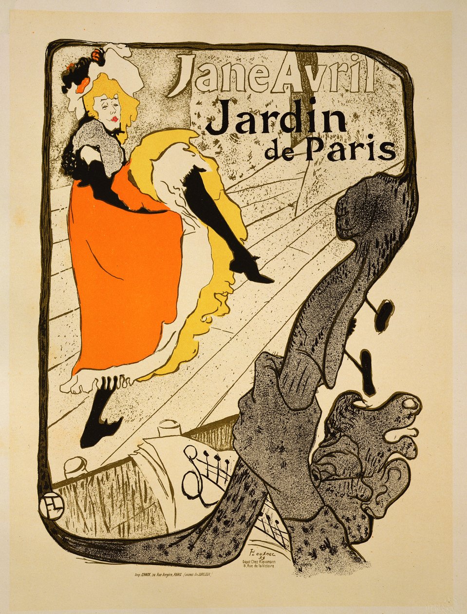 Jäljennös julisteesta, jossa mainostetaan Jane Avril -näytelmää Jardin de Parisissa vuonna 1893 (ks. 34625). tekijältä Henri de Toulouse Lautrec