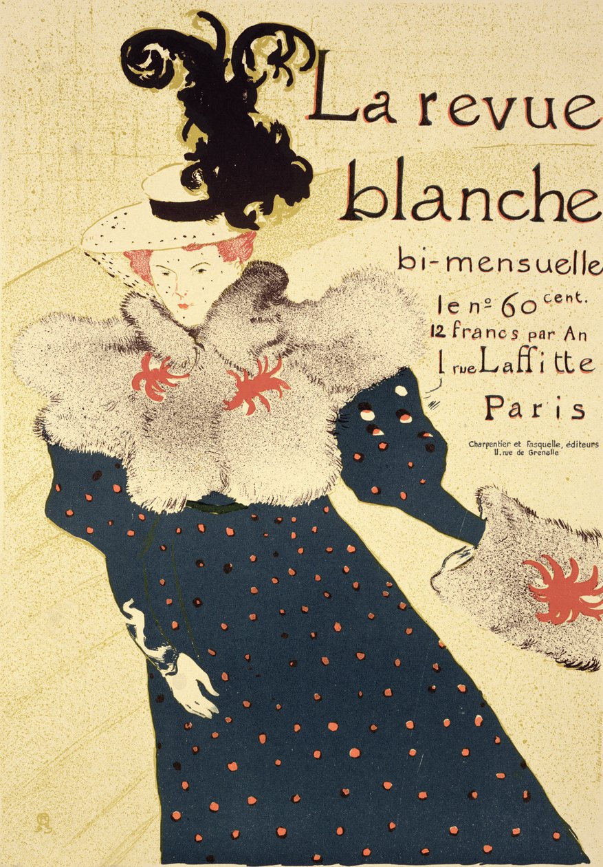 Jäljennös julisteesta, joka mainostaa "La Revue Blanchea", 1895 tekijältä Henri de Toulouse Lautrec
