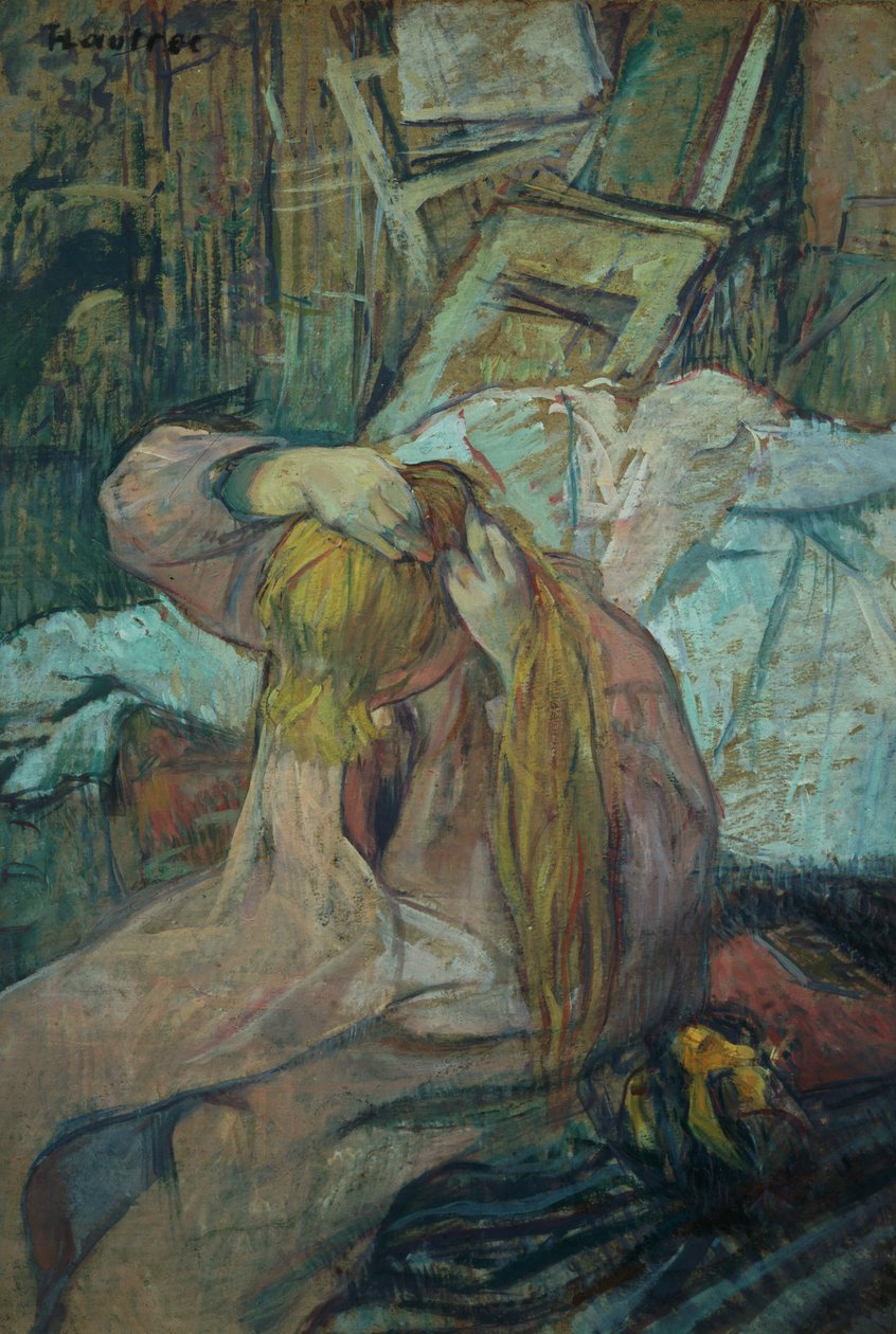 Nainen hoitaa hiuksiaan, 1891 (öljy pahville) tekijältä Henri de Toulouse Lautrec