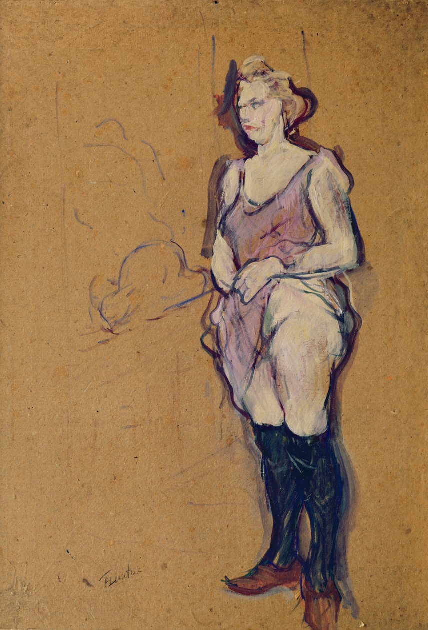 Nainen pitelee mekkoaan tai nainen bordellissa, 1894 (öljy pahville) tekijältä Henri de Toulouse Lautrec
