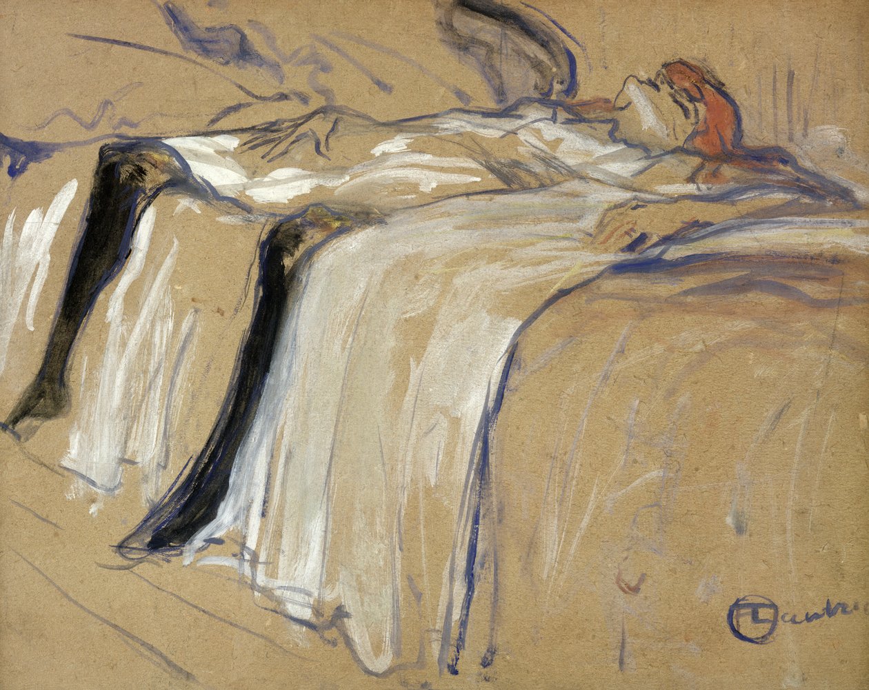 Nainen makaa selällään - Lassitude, tutkimus Ellesille, 1896 (öljy pahville) tekijältä Henri de Toulouse Lautrec