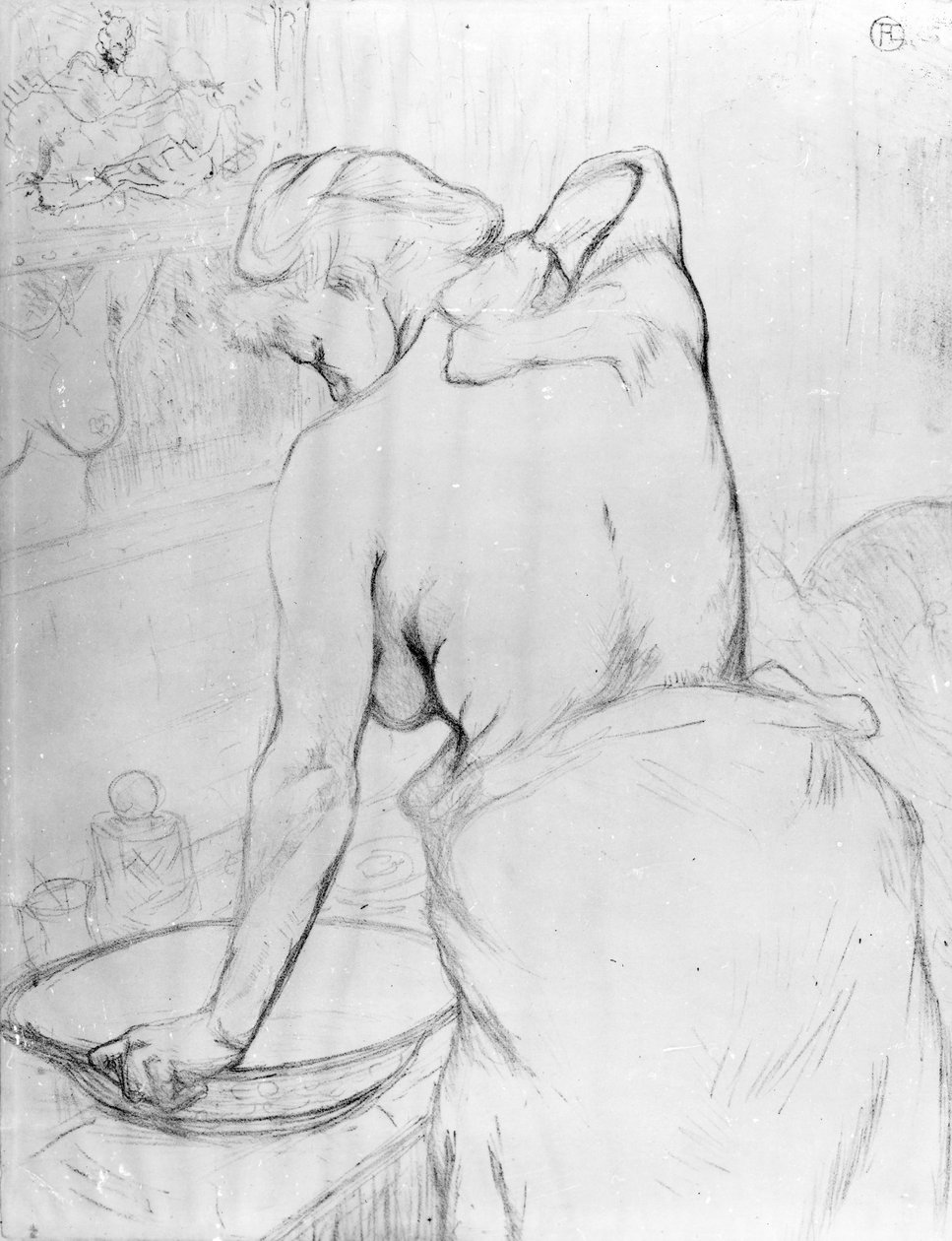 Nainen peseytyy pesualtaalla, 1896 tekijältä Henri de Toulouse Lautrec