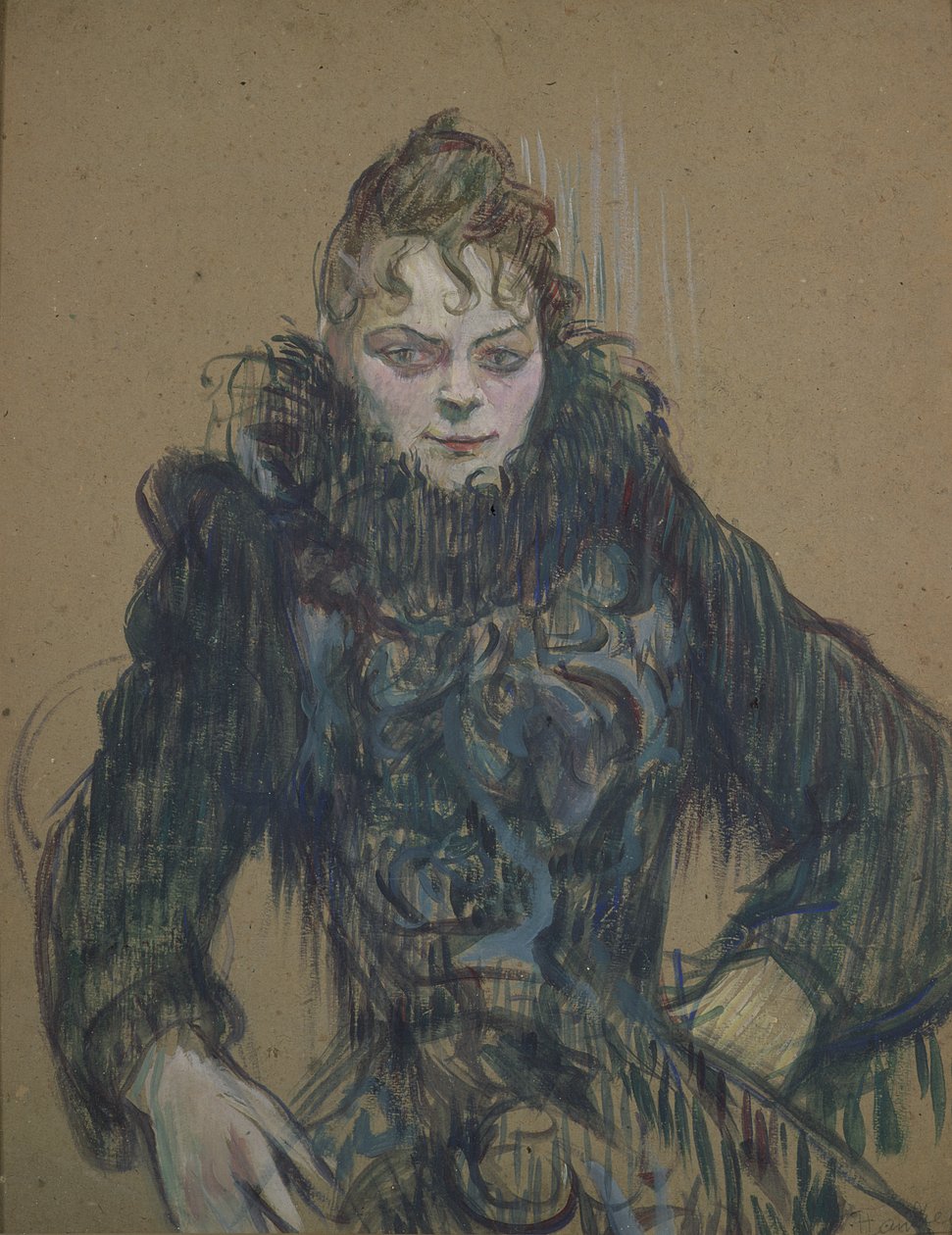 Nainen mustan boan kanssa, 1892 (öljy kartongille) tekijältä Henri de Toulouse Lautrec