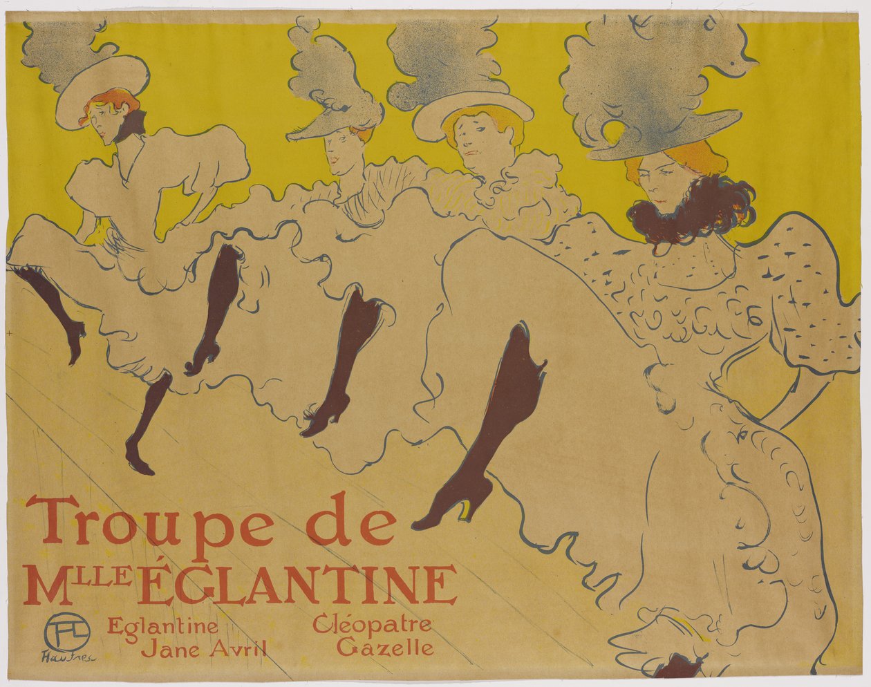 La Troupe de Mademoiselle Eglantine, 1895 (sivellin, värikynä ja roiske litho, painettu neljällä värillä paperille) tekijältä Henri de Toulouse Lautrec