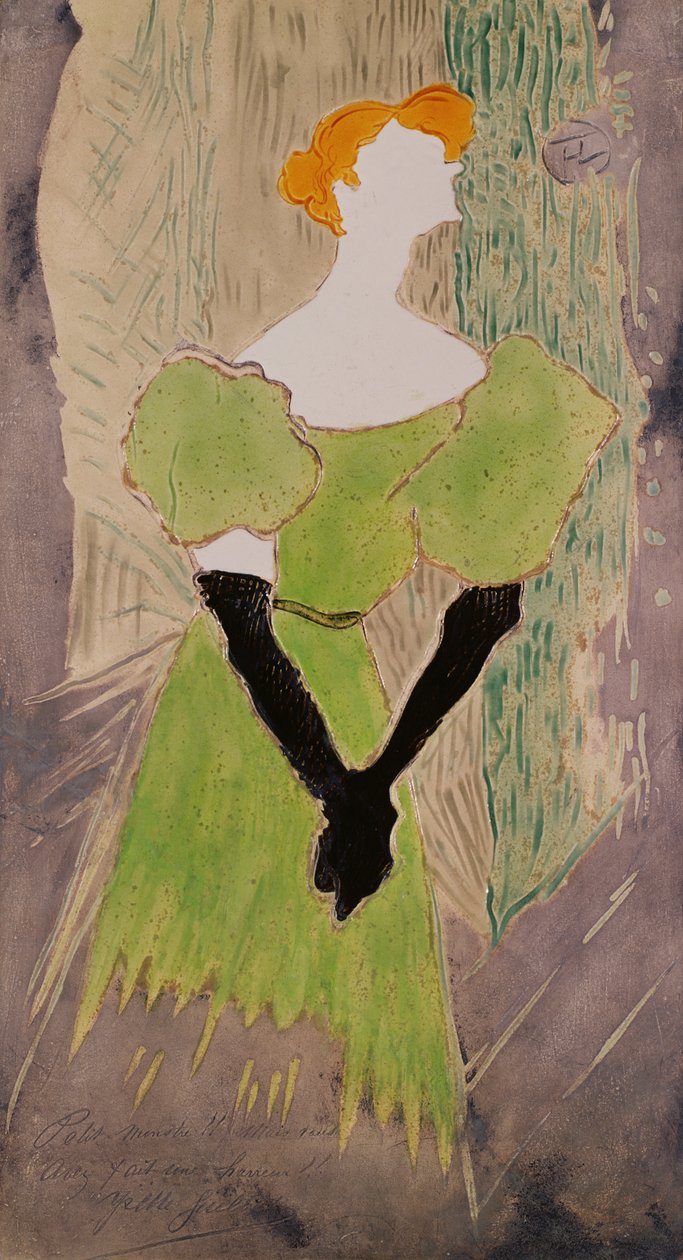 Yvette Guilbertin muotokuva (maalattu keraaminen laatta) tekijältä Henri de Toulouse Lautrec