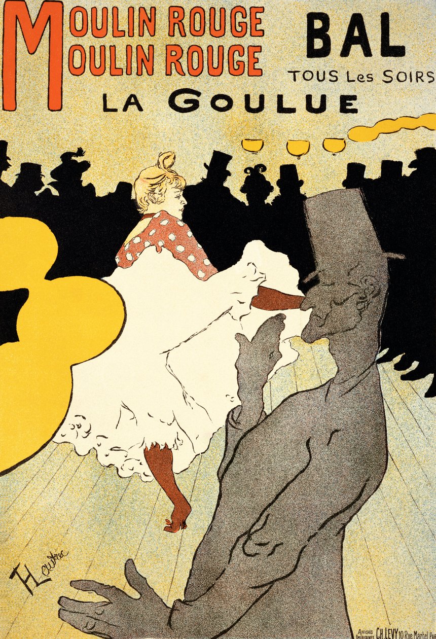 La Gouluea mainostavan julisteen jäljennös Moulin Rougessa, Pariisissa (katso 454, 7015 ja 84446) tekijältä Henri de Toulouse Lautrec