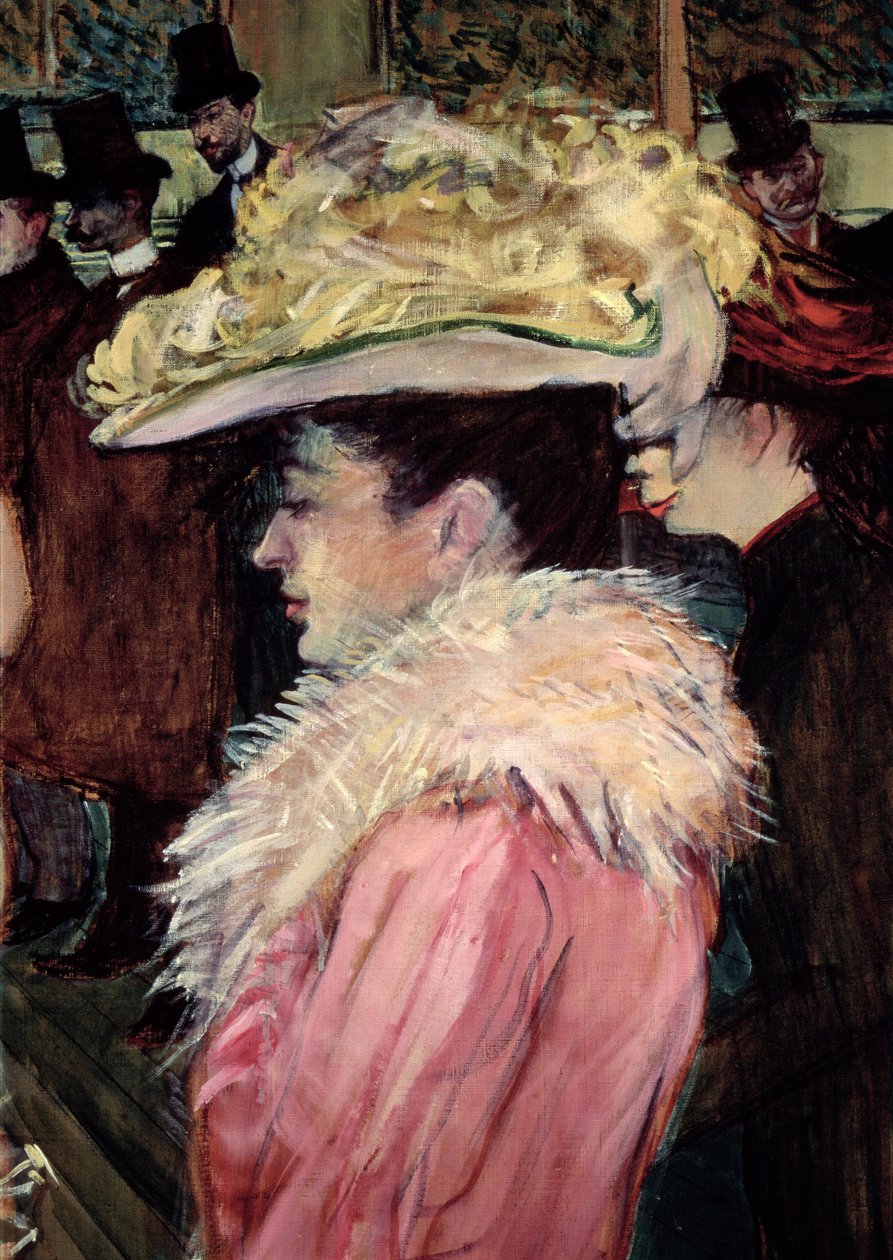 Moulin Rougen tanssi: yksityiskohta tyylikkäästä vaaleanpunaiseen pukeutuneesta naisesta, 1889-90 (yksityiskohta 490) tekijältä Henri de Toulouse Lautrec