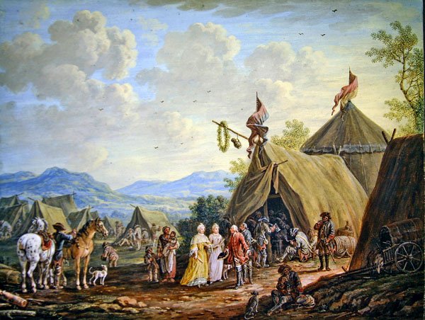 Vierailu sotilasleirillä (guassi paperilla) tekijältä Henri Desire van Blarenberghe