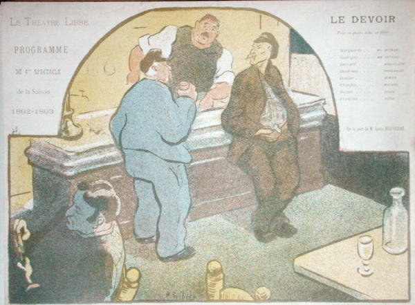 Ohjelma kaudelle 1892-1893 Pariisin Theatre Libressä näytelmälle "Le Devoir", joka esittää miehet juomassa baarissa (värilitho) tekijältä Henri Gabriel Ibels
