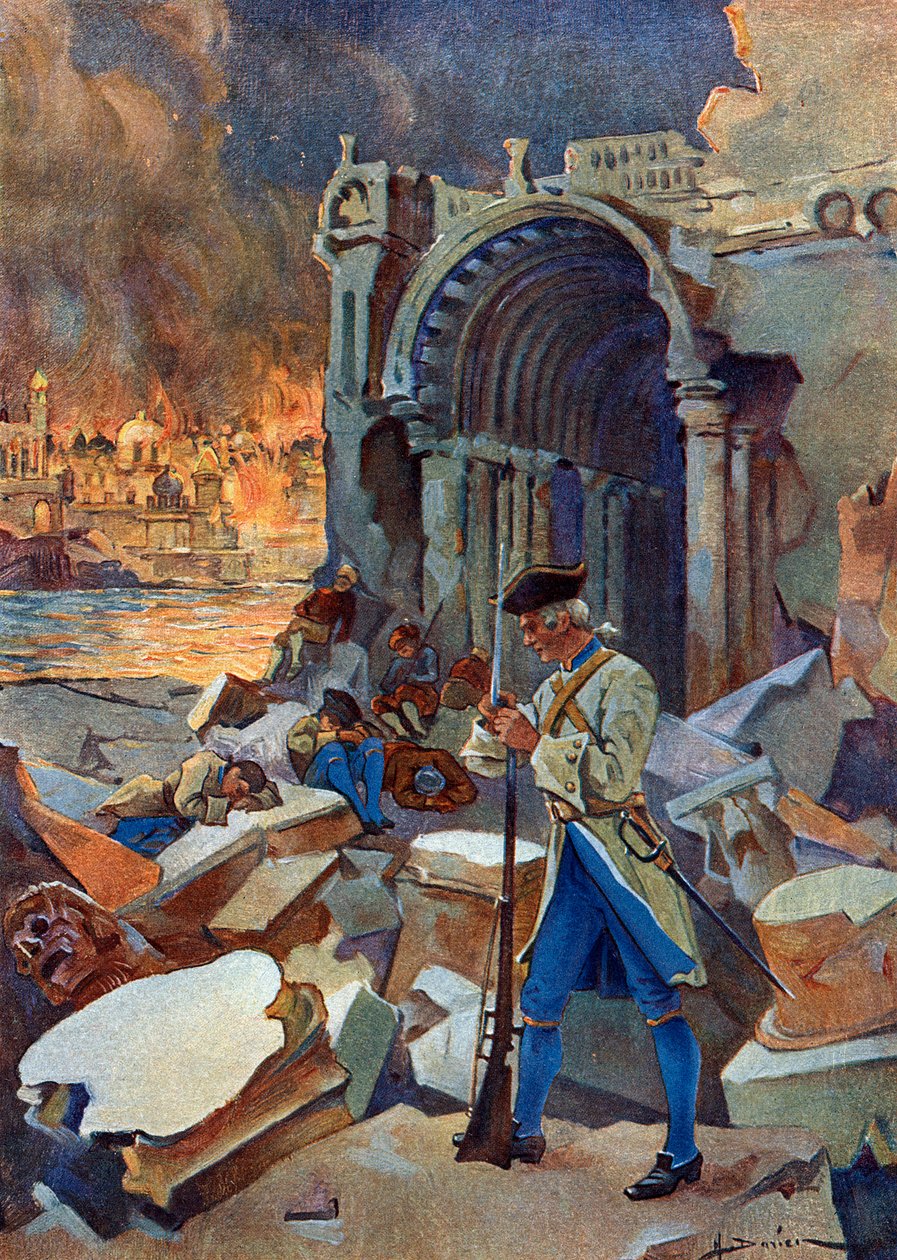 Indian Campaign (1778-1783): näkymä Trinquemalayn taistelusta elokuussa 1782 Ceylonissa, vastustaen Ranskan Suffrenin armeijaa amiraali Huguesin brittejä vastaan” (American vallankumouksellinen sota: Itä-Intia: Trincomaleen taistelu brittiläisen laivaston  tekijältä Henri Gaston Darien