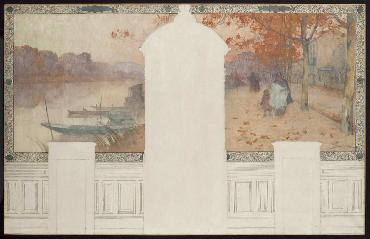 Asnièresin kaupungintalon luonnos: Asnières, n. 1900 (öljy musteella kankaalle): Syksy, Seine Asnièresissa, n. 1900 (öljy musteella kankaalle). tekijältä Henri Gaston Darien
