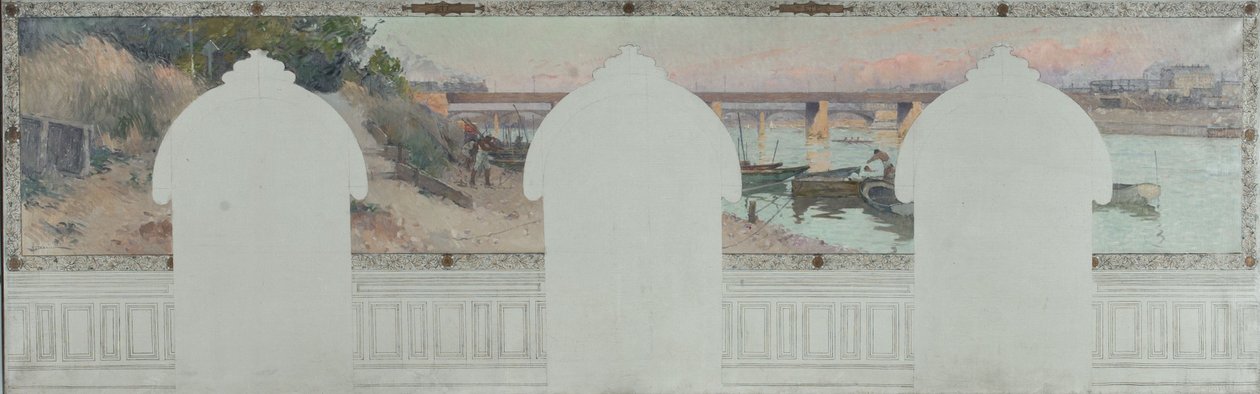 Asnièresin kaupungintalon luonnos: Kesä. Seine Asnièresissa, noin 1900 (öljy ja muste kankaalle). tekijältä Henri Gaston Darien