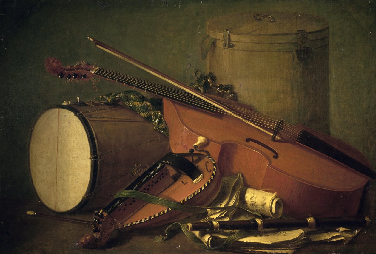 Soittimet, rumpu, viulu, huilu ja hurdy-gurdy, Henri Horace Roland de la Porte (1724-1793). Ranska tekijältä Henri Horace Roland Delaporte