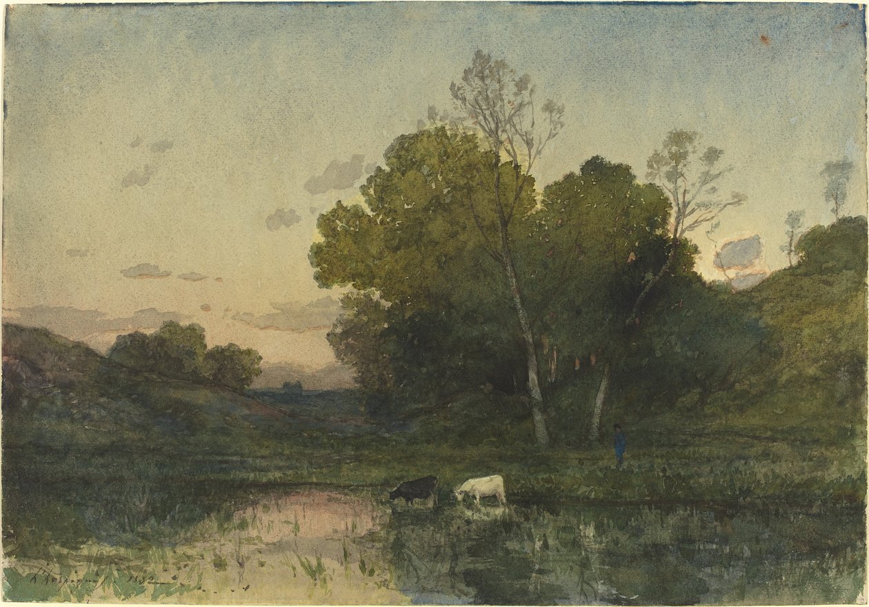 Iltavalo metsäisellä järvenrannalla karjan juomassa tekijältä Henri-Joseph Harpignies