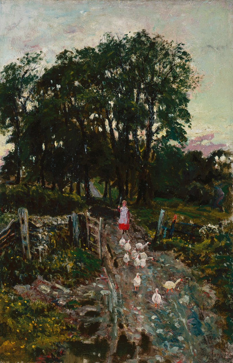 Tyttö ankkojen kanssa (öljy kankaalle) tekijältä Henri Joseph Harpignies