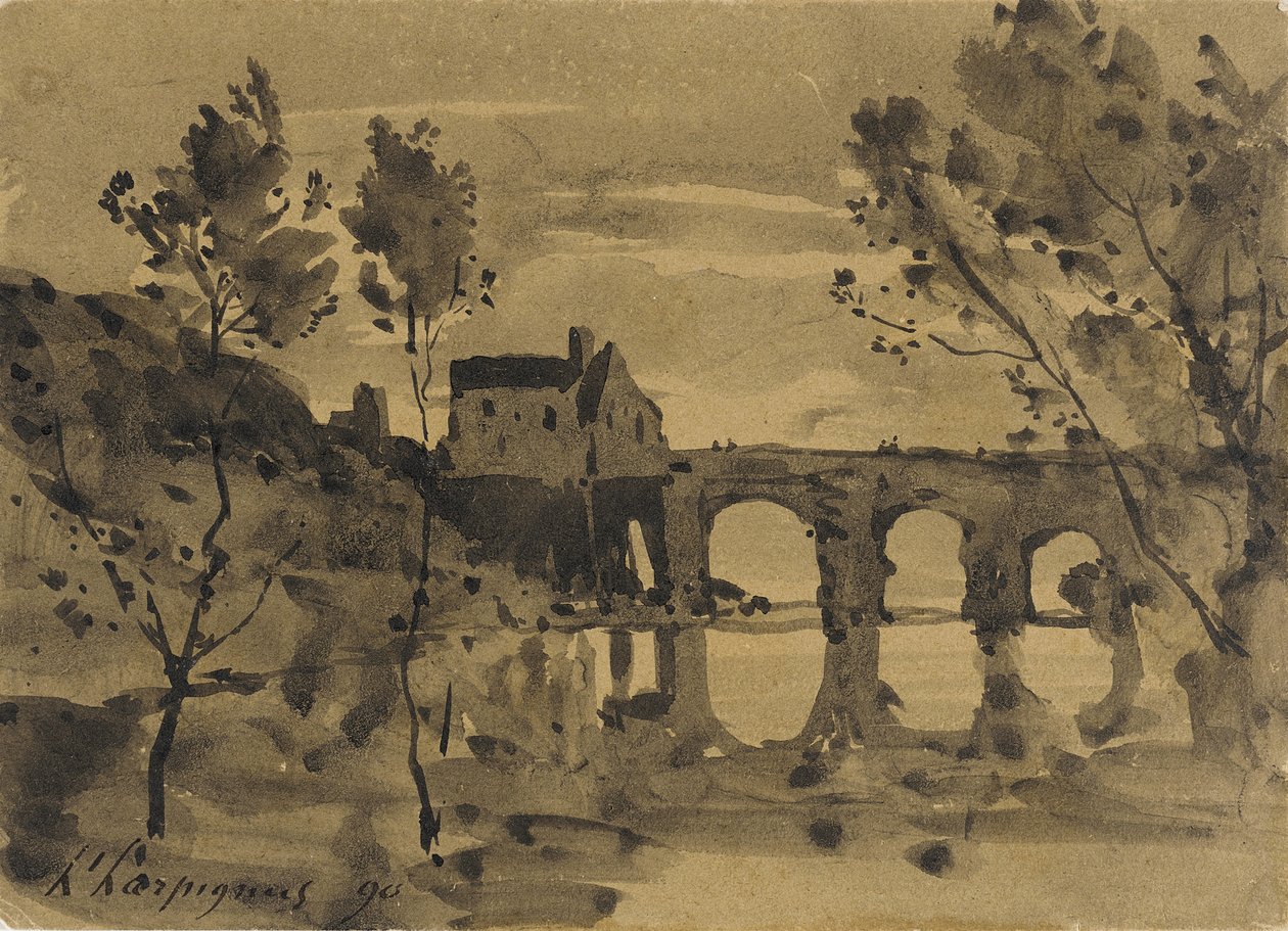 Jokimaisema, silta ja talo tekijältä Henri-Joseph Harpignies