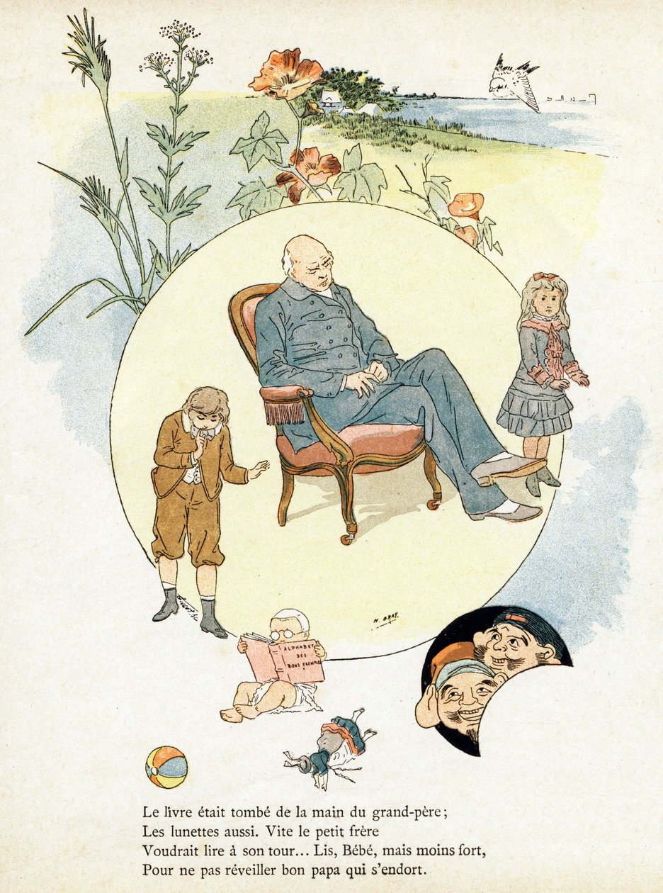 Kaiverrus "Alphabet des bons exemples". Jules Levy, toimittaja. Kuvitus: Henri Boulanger, alias Henri Gray. Tekstit rouva P. Boulanger. Kaiverrus ja painatus Ch. Gillot, 79 rue Madame, Paris. Noin 1890. Löydä jokaisesta kuvasta maineikkaat työt tekijältä Henri  Gray