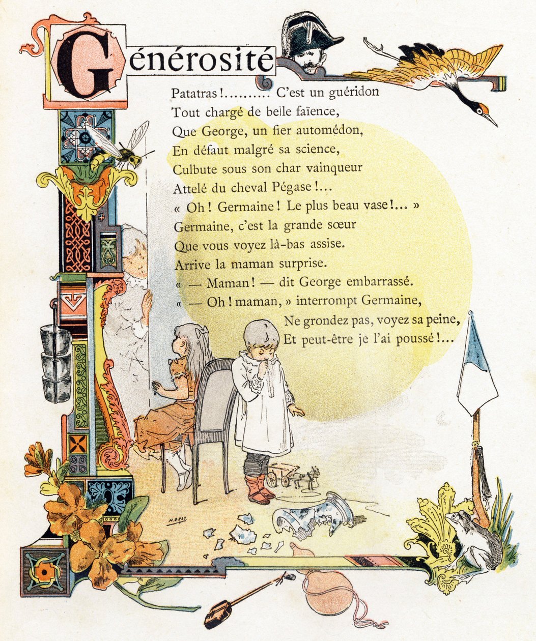 Kirjain G Generosite - Gendarme Grue Guepe Godets Giroflee Gourde Grenouille - Kaiverrus kirjassa "Alphabet des bons exemples" - Jules Levy, editeur - Illustrations de Henri Boulanger, alias Henri Gray (1858-1924). Mme P. Boulangerin tekstit (runot) - Kaiv tekijältä Henri (1858 1924) Gray