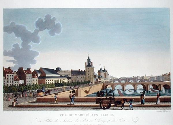 Näkymä Kukkatorille Palais de Justicessa, n. 1816-20 (värikaiverrus) tekijältä Henri (after) Courvoisier Voisin