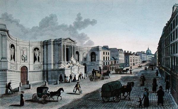 Näkymä suihkulähteestä Rue de Grenelle, Faubourg St. Germain, Grimberghenin kaiverrus, noin 1815-20 (värillinen kaiverrus). tekijältä Henri (after) Courvoisier Voisin