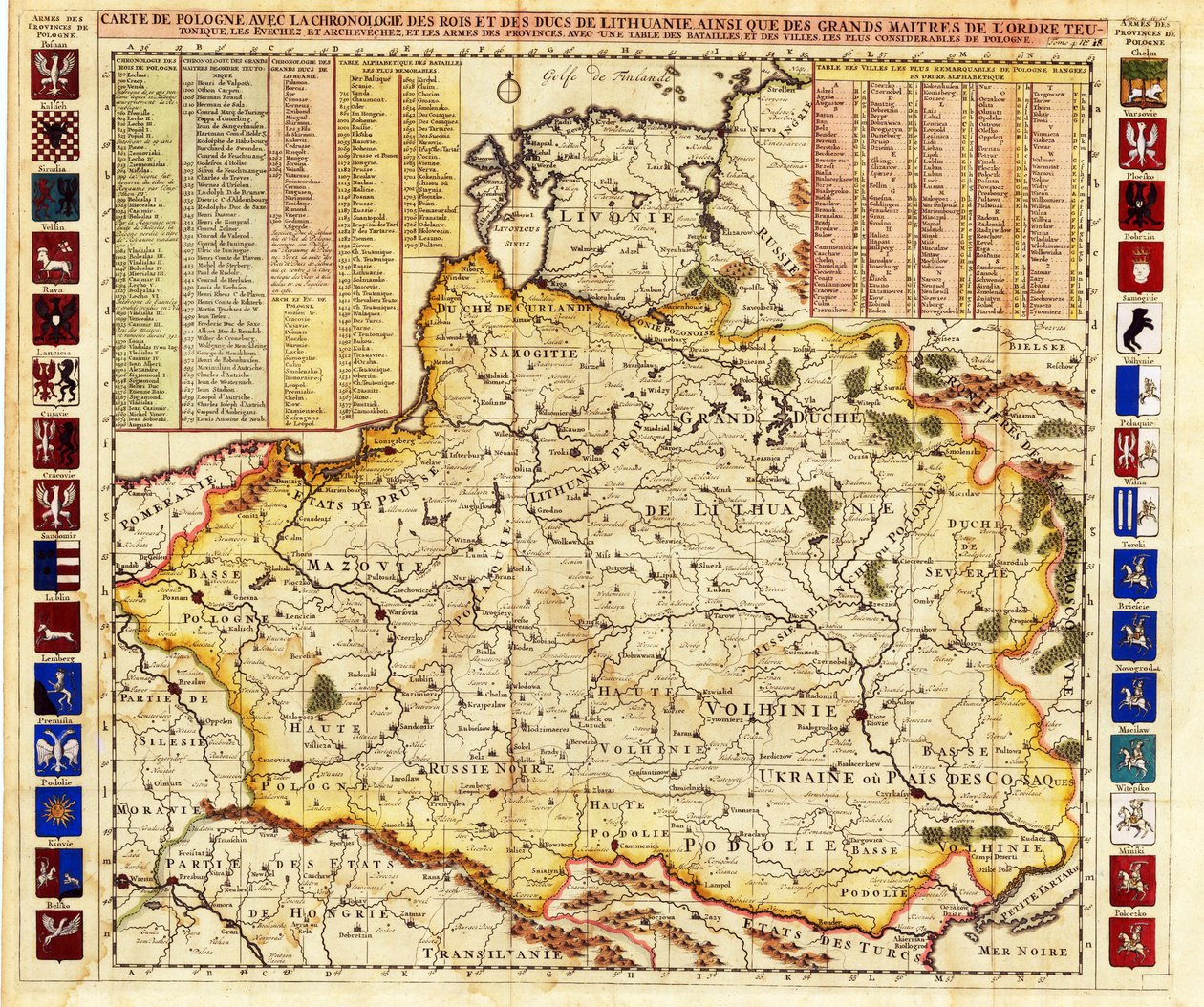 Puolan kartta sisältää osia Liivinmaasta ja Moskovan suurherttuakunnasta par Chatelain, Henri Abraham (1684-1743). Etsaus, akvarelli tekijältä Henri Abraham Chatelain