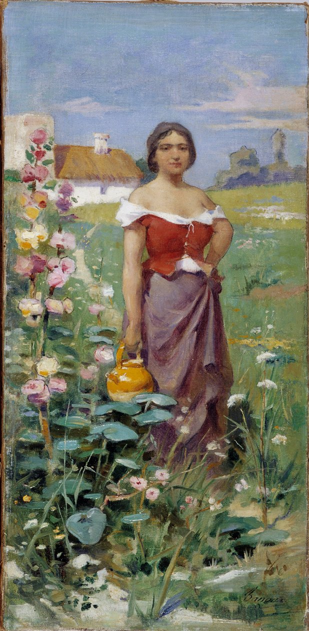 Camargaise kannu Nuori nainen, joka on pukeutunut mustalaisen kanssa pellolla. Adrien Henri Tanoux
