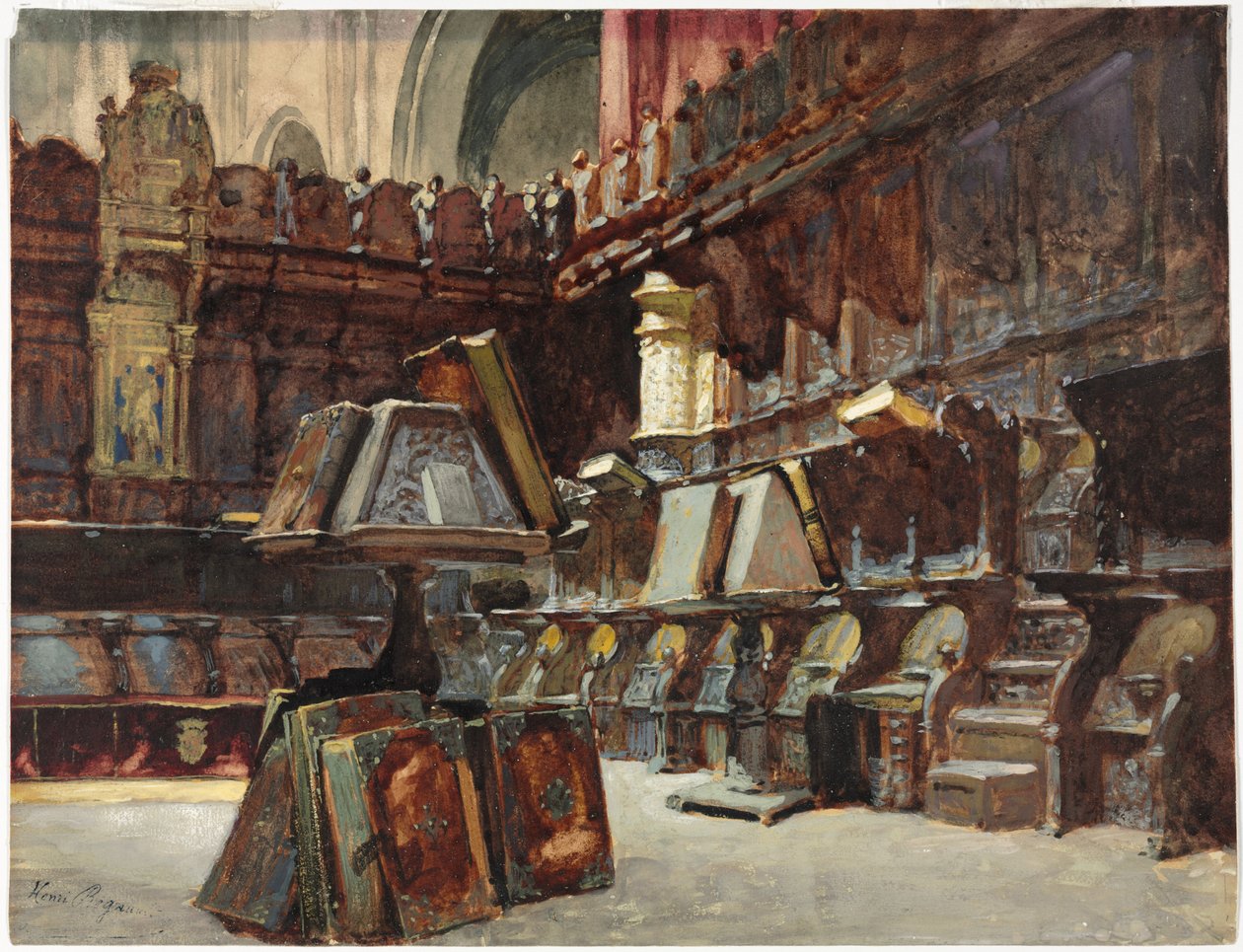Espanjalaisen katedraalin kuoroparvekkeet, noin 1868 (akvarelli ja guassi, grafiitin jälkiä kermanväriselle paperiarkille). tekijältä Henri Alexandre Georges Regnault