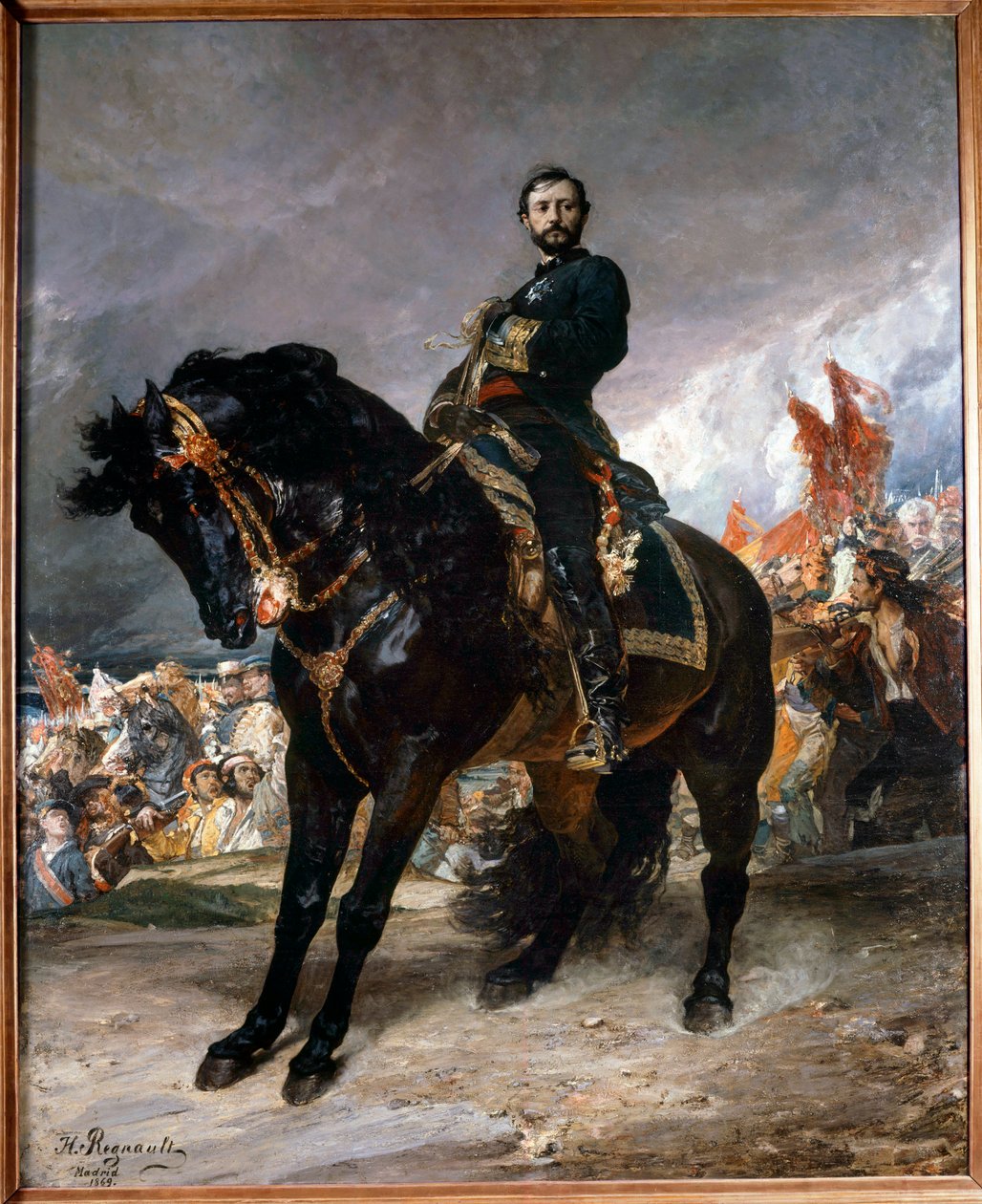 Syyskuun vallankumous (Gloriosa): "" Kenraali Juan Prim (1843-1871) ratsastaa Madridin edessä Espanjan vallankumouksen kapinoiden johdossa 8. lokakuuta tekijältä Henri Alexandre Georges Regnault