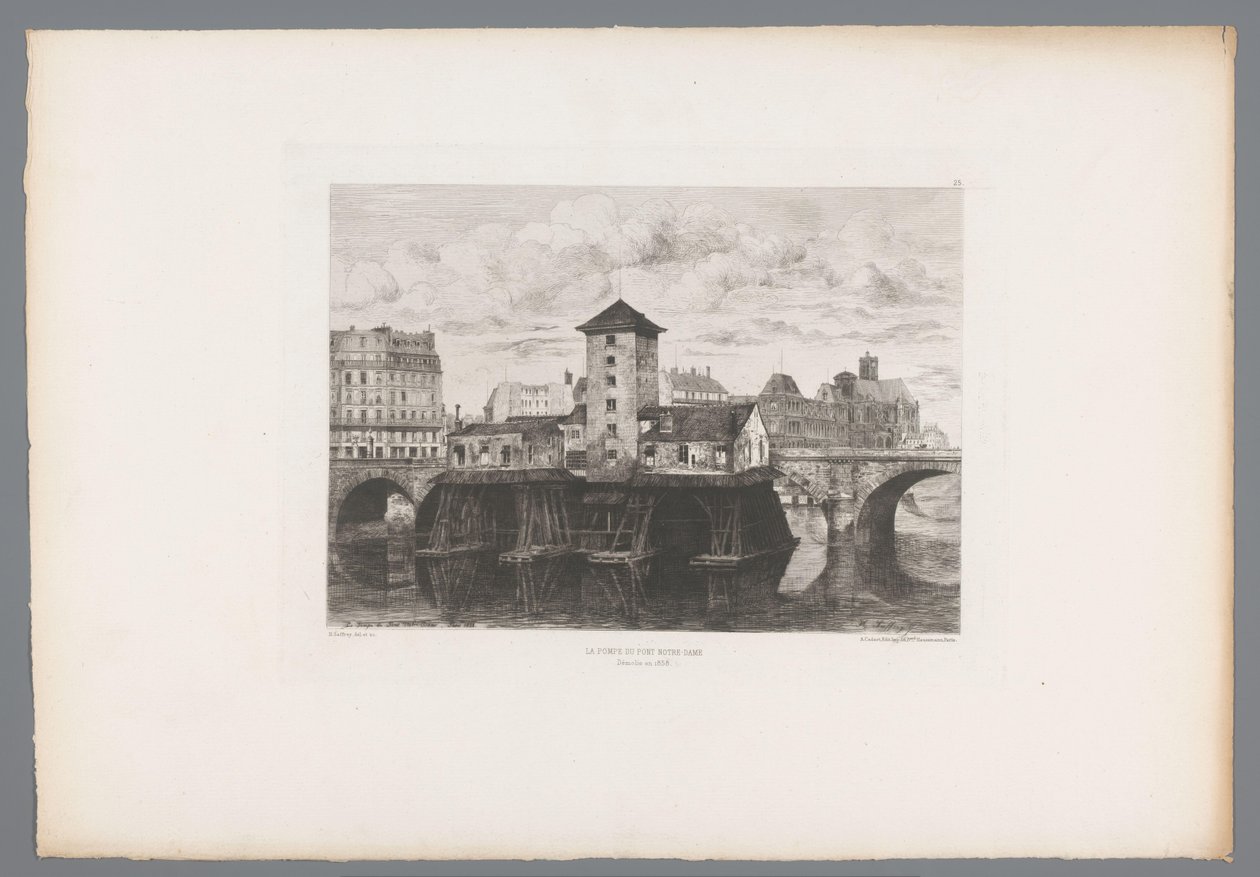 Gezicht op de Pont Notre-Dame Pont Notre-Dame -pumppu (otsikko esineessä) France etsen uit 1875 (sarjan nimi) Etsaus vuonna 1875 (sarjan nimi) tekijältä Henri Alexandre Saffrey