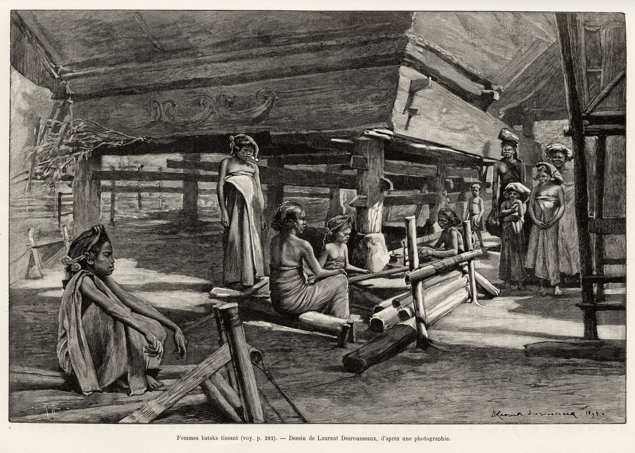 Batak-naiset, Pohjois-Sumatran etninen ryhmä, kudonta. Kaiverrus Laurent Desrousseaux havainnollistamaan tarinaa "" yksi vuosi Malesiassa", Jules Claine (1856-1939), vuosina 1889-1890, Le tour du Monde 1892, ohjaaja Edouard Charton (1807-1891), Hachette, P tekijältä Henri Alphonse Louis Laurent Desrousseaux