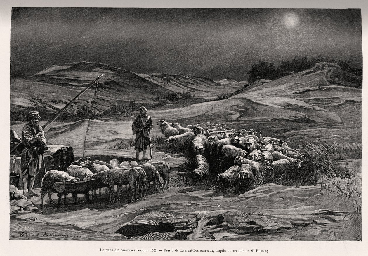 Traileri hyvin. Kaiverrus Laurent Desrousseaux havainnollistamaan tarinaa "A travers la Perse meridionale", kirjoittaneet C. Babin ja F. Houssay, vuonna 1885, Le tour du Monde 1892, ohjaaja Edouard Charton (1807-1891), Hachette, Paris. tekijältä Henri Alphonse Louis Laurent Desrousseaux