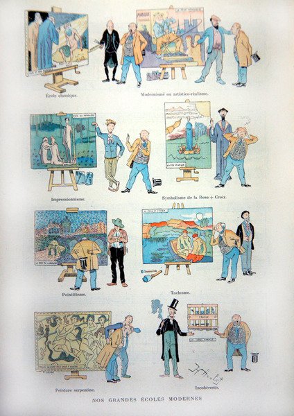 Sarjakuva, joka pilaa modernin taiteen ja maalauksen eri koulukuntia 1800-luvun lopulla, La Revue Illustreesta tekijältä Henri Avelot