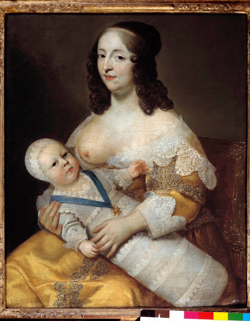 Esitys tulevasta kuningas Ludvig XIV:n (1638-1715) vauvasta uimapuvussa hoitajansa Marie de Longuet de la Giraudieren käsivarsissa Naisen rinta on löydetty ja valmis imettämään lasta. Charlesin (1604-1692) ja Henrin (1603-1677) maalaus tekijältä Henri Beaubrun