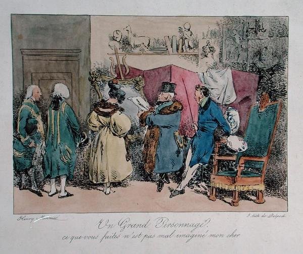 Kuuluisa henkilö: "Se, mitä teet, ei ole niin huonosti kuvattu, rakkaani", sarjakuva "Vues de Paris, esquisses morales et philosophiques", kaiverrus Francois Seraphin Delpech (1778-1825) (väri litho) tekijältä Henri Bonaventure (after) Monnier