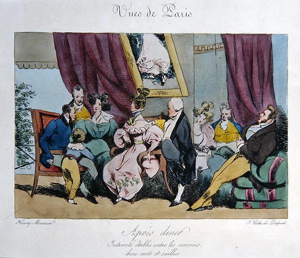 Humoristinen kuvaus vieraiden käyttäytymisestä ja keskustelusta illallisen jälkeen, sarjakuva "Vues de Paris, esquisses morales et philosophiques", kaivertanut Francois Seraphin Delpech (1778-1825) (väri litho) tekijältä Henri Bonaventure (after) Monnier