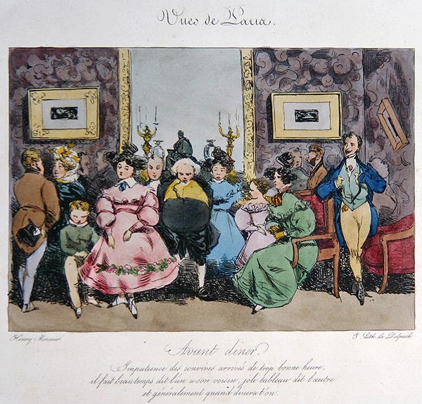 Humoristinen kuvaus vieraiden käytöksestä ja keskustelusta ennen illallista, kaiverrus Francois Seraphin Delpech (1778-1825) (värilitho) tekijältä Henri Bonaventure (after) Monnier