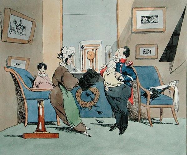 "Minusta on tullut hirveän voimakas... Sir on erittäin ylpeä univormuistaan", sarjakuva Francois Seraphin Delpechin (1778-1825) 1800-luvun alussa "Vues de Paris, Esquisses morales et philosophiques" -sarjaan (väri litho) tekijältä Henri Bonaventure (after) Monnier