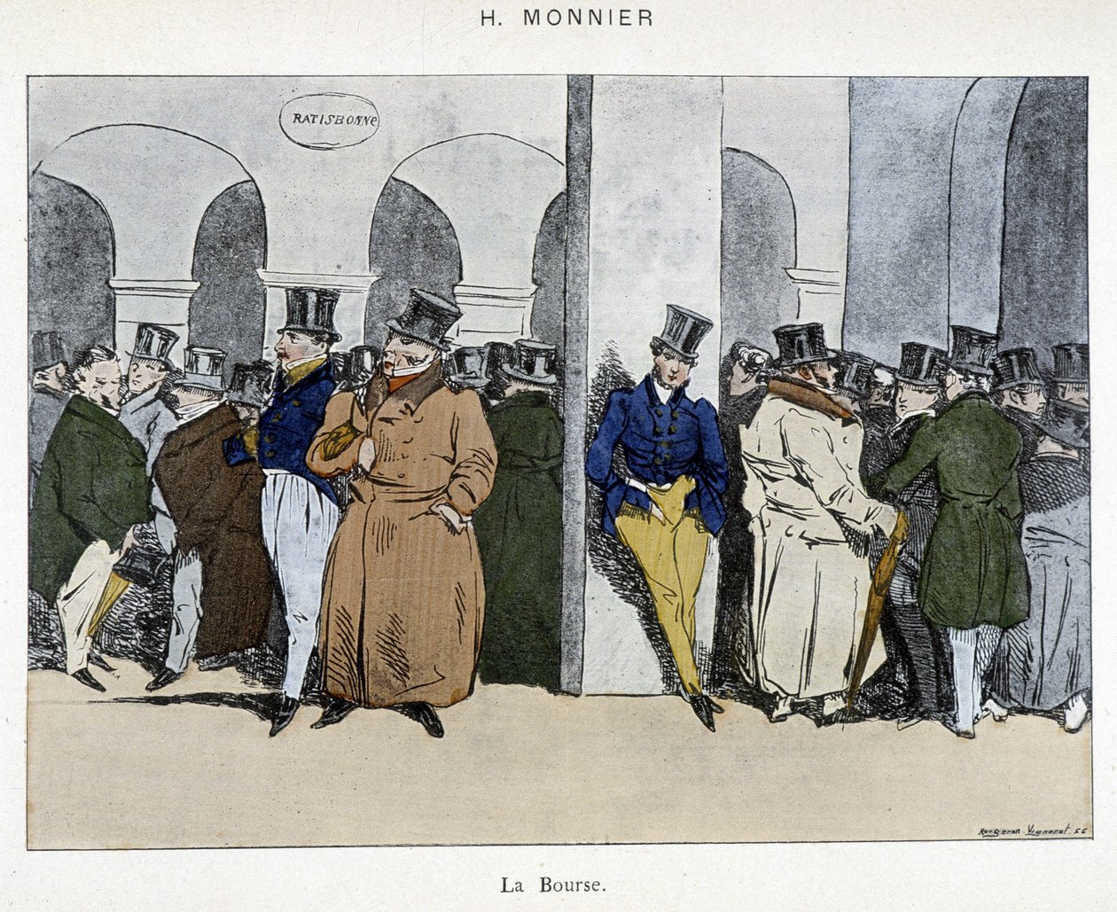 Pariisin pörssin liikemiehet - piirros Henri Monnierin 1800-luvun alkupuolelta tekijältä Henri Bonaventure Monnier