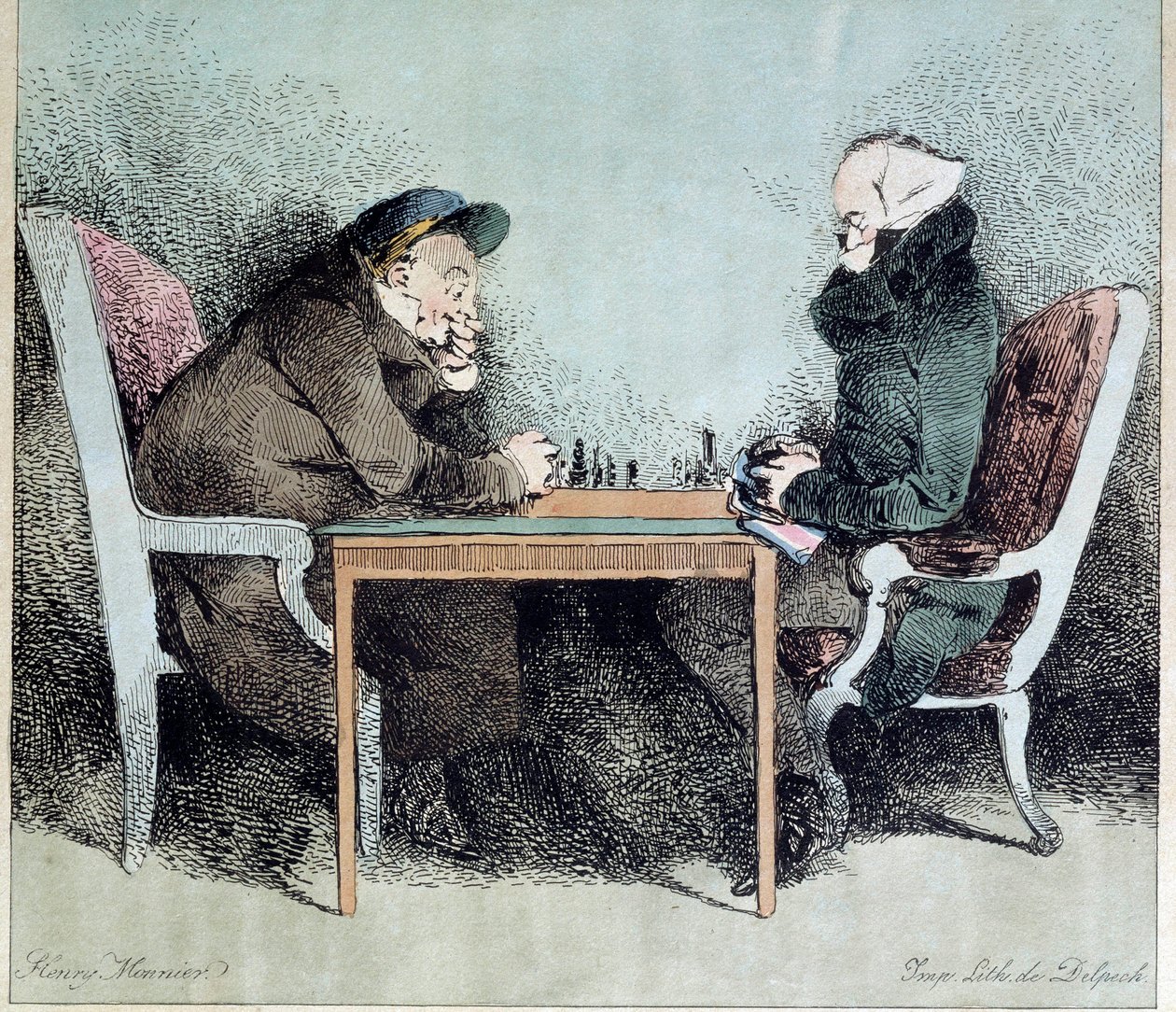 Shakkipelaajat Henry Monnierin kaiverrus (1805-1877) tekijältä Henri Bonaventure Monnier