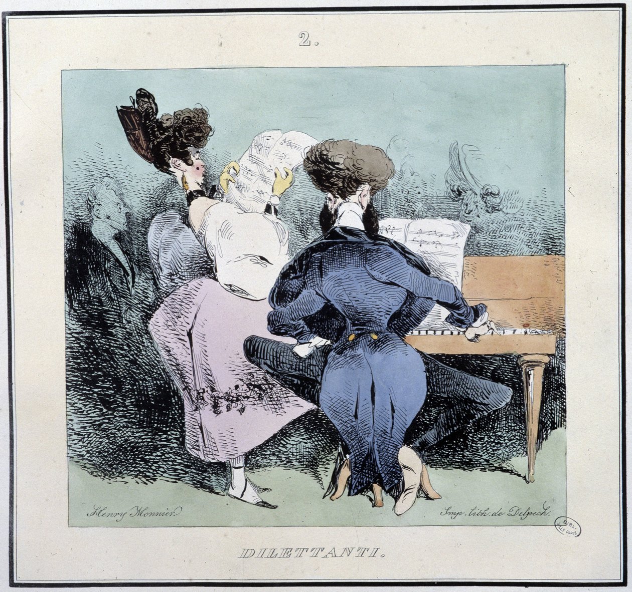 Dillettantes (nuoret laulavat ja soittavat pianoa) - Henri Monnierin teoksessa Parisian Sketches, toim. Delpech, Pariisi tekijältä Henri Bonaventure Monnier