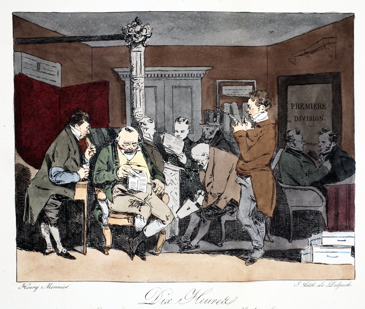 Ten Hours, kuvitus Henri Monnierin teoksesta "Moeurs Administratives, Dessinées Under Nature", litografia Delpech, pub. Pariisi, n. 1828 (käsinvärinen lito) tekijältä Henri Bonaventure Monnier