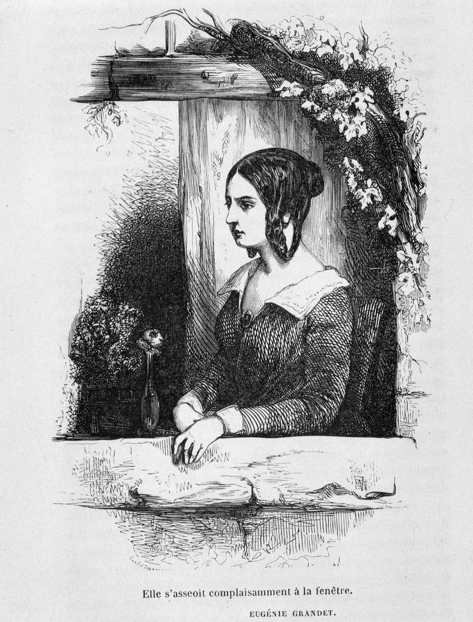 Eugénie Grandet ikkunallaan - teoksessa "" Eugénie Grandet" - kirjoittaja Balzac, ill. Henri Monnier, alkuperäinen painos vuodelta 1843 tekijältä Henri Bonaventure Monnier