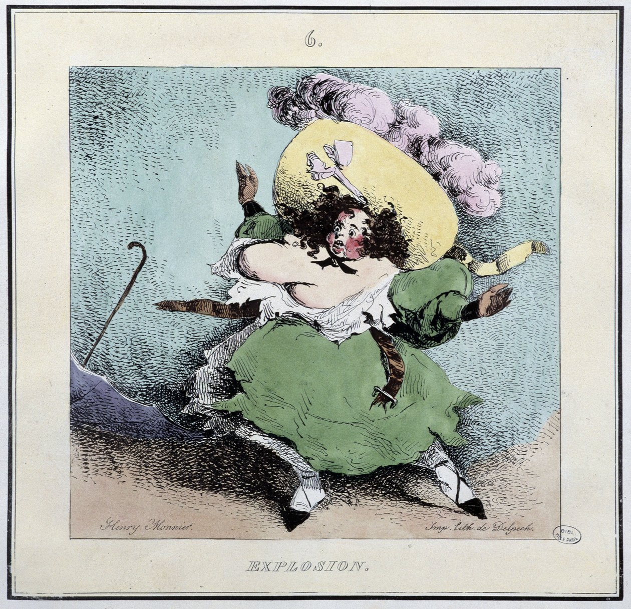 Korsetin räjähdys - Henri Monnierin teoksessa Parisiennes, toim. Delpech, Pariisi tekijältä Henri Bonaventure Monnier