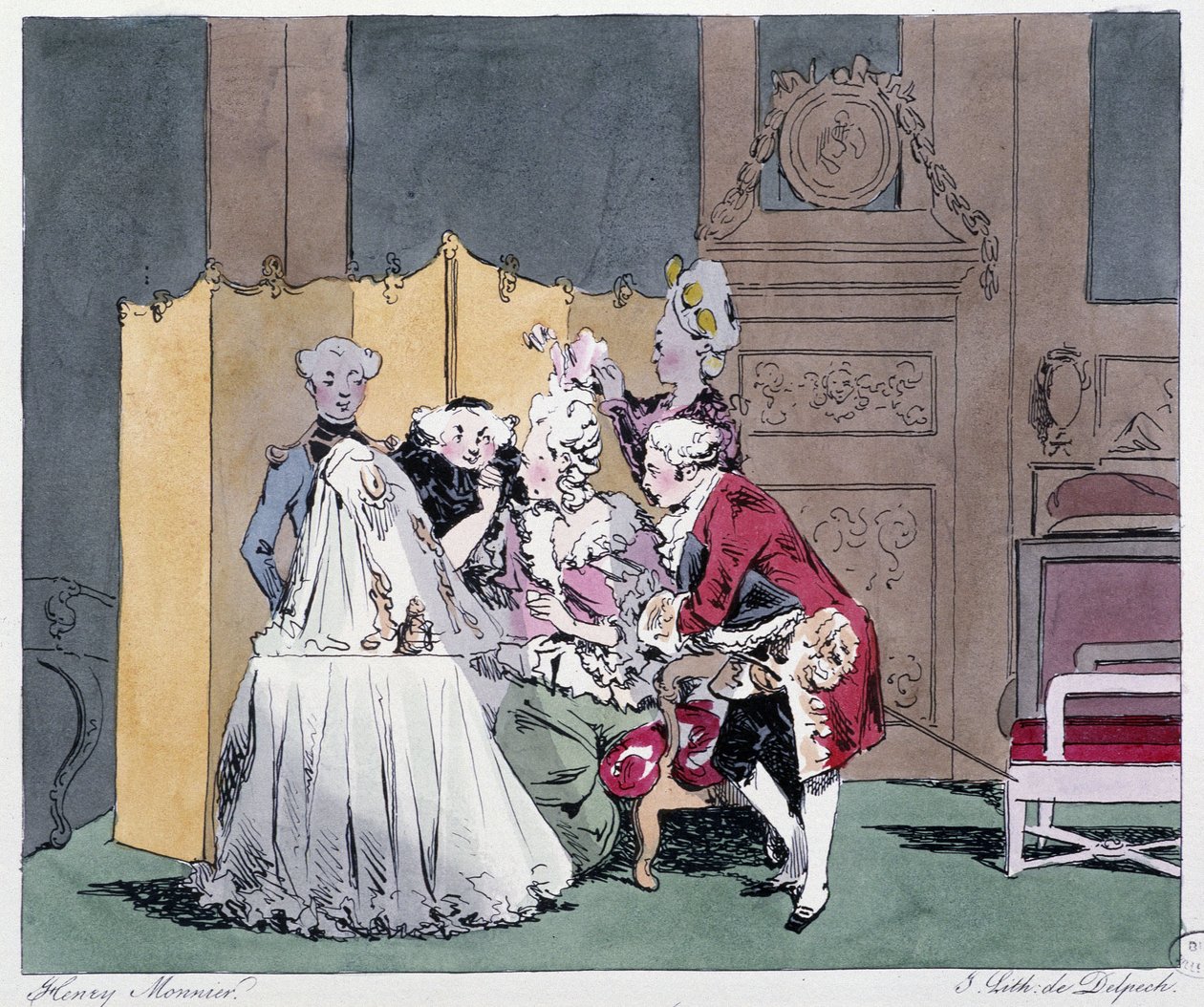 WC (kampaajakohtaus) 1700-luvulla - Henri Monnierin "" Entisesti ja tänään" -kirjassa, toim. Delpech, Pariisi tekijältä Henri Bonaventure Monnier