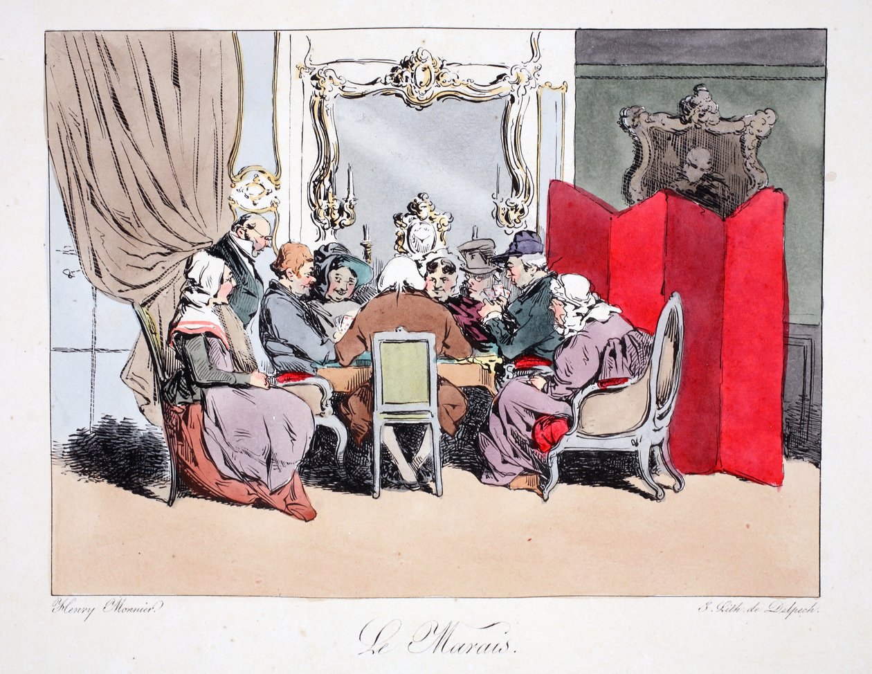 Le Marais, kuvitus Henri Monnierin teoksesta "Six Quartiers de Paris", litografia F.S. Delpech, pubi. Pariisi, n. 1828 (käsinvärinen lito) tekijältä Henri Bonaventure Monnier
