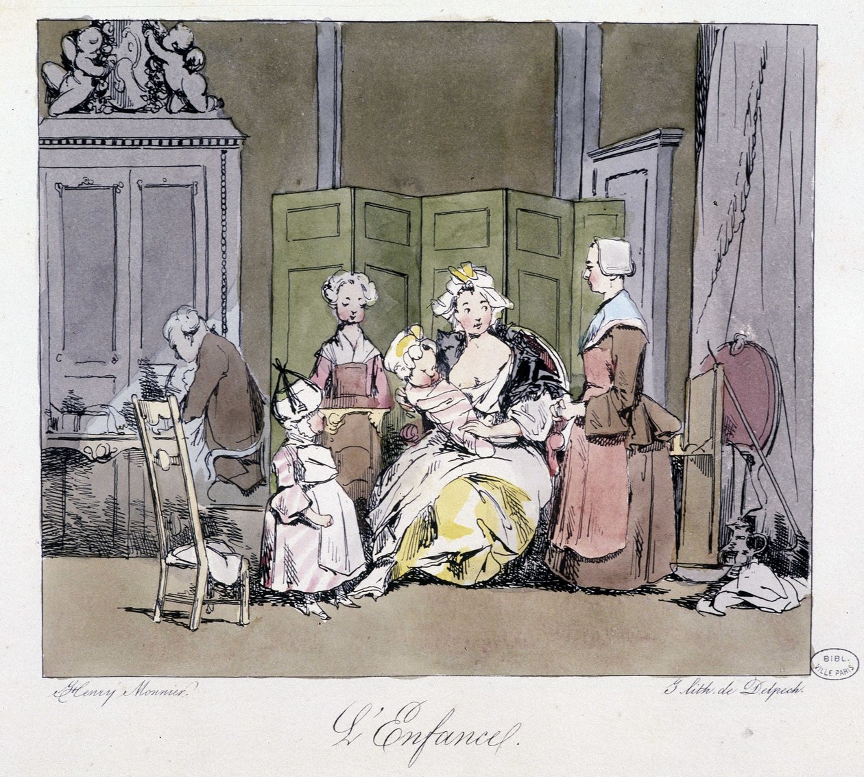 Hoitaja, palvelijat, vauva ja lapsi 1700-luvun aristokratiassa - Henri Monnierin teoksessa "Entisesti ja tänään", toim. Delpech, Pariisi tekijältä Henri Bonaventure Monnier