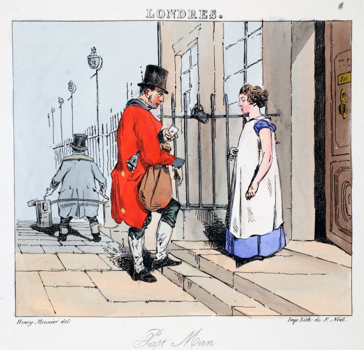 Postimies, kuvitus Henri Monnierin teoksesta "Londres", pub. Pariisi, noin 1828 (käsin väritetty litografia). tekijältä Henri Bonaventure Monnier